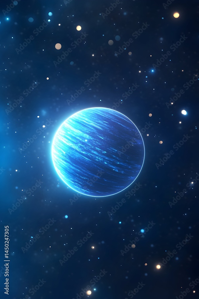 Wall mural glowing blue planet in a dark, starry expanse. intricate cloud patterns visible on its surface