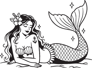 Mermaids Flash Tattoo Vector Set of Traditional Vintage Pinup Mermaid Tattoos Style Clipart for Cricut Procreate plus Single and Color Versions © Chattanooga Tshirt