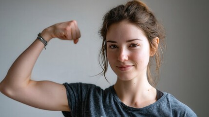 Fototapeta premium Young woman flexing arm confidently, showcasing strength.