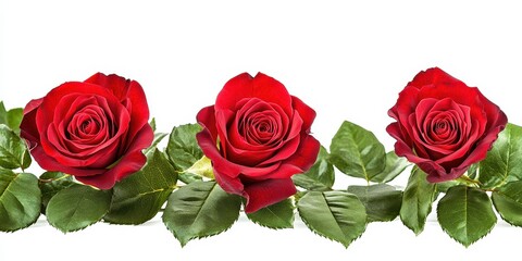 Fototapeta premium Three Elegant Red Roses with Green Leaves on a White Background, Perfect for Celebrations, Romantic Occasions, and Floral Arrangements