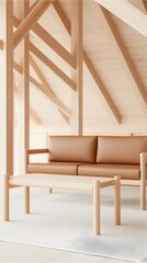 Light tan leather sofa and matching light wood coffee table in a minimalist, airy attic space with exposed wooden beams