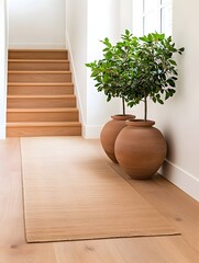 Light beige runner rug on light wood floor, flanking terracotta potted plants near staircase