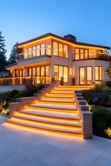 Modern two-story house with illuminated staircase at dusk