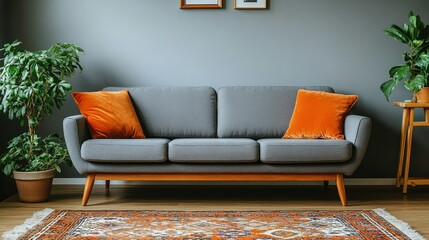 Modern living room with gray sofa and orange accents