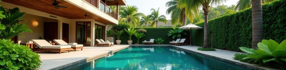Luxurious villa backyard oasis with pool and lush greenery, garden, modern, architecture