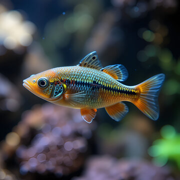 Young cyprinid fish Enteromius rohani in freshwater aquarium