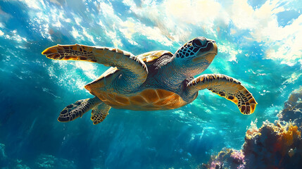 Obraz premium Submerged sea turtle swimming in vibrant ocean.