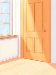 Sunlit room corner with window, door, and hardwood floor