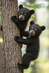 Two Adorable Black Bear Cubs Playfully Climbing a Tree in a Lush Forest Setting During Springtime with Soft Natural Light and Green Foliage