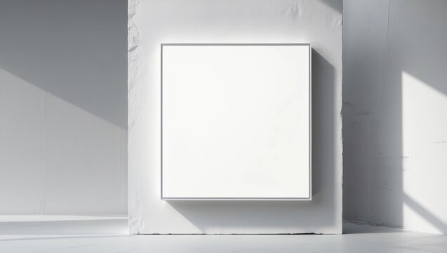 3D rendering of a hanging white wall sign, square billboard, signboard on a gray background 