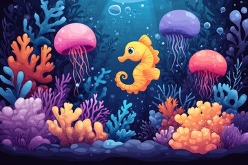 Seahorse among jellyfish and coral reef, underwater scene, children's book illustration