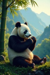 Obraz premium Majestic adult panda eating bamboo, serene mountain setting, majestic, mountain