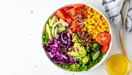 Fresh salad preparation kitchen food photography bright environment overhead view healthy eating concept