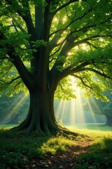 Naklejka premium Majestic beech, sunlit canopy, rays pierce leaves, forest, spring, light