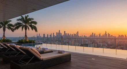 Fototapeta premium Rooftop Infinity Pool with City View at Sunset