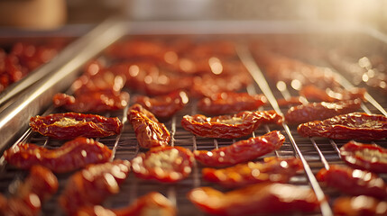 Rows of halved tomatoes are drying on wire racks under a bright light, likely sun-dried tomatoes.