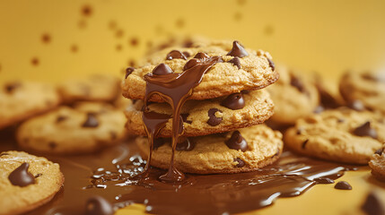 Three chocolate chip cookies are stacked, with melted chocolate dripping down them, against a blurred yellow background with scattered chocolate chips.