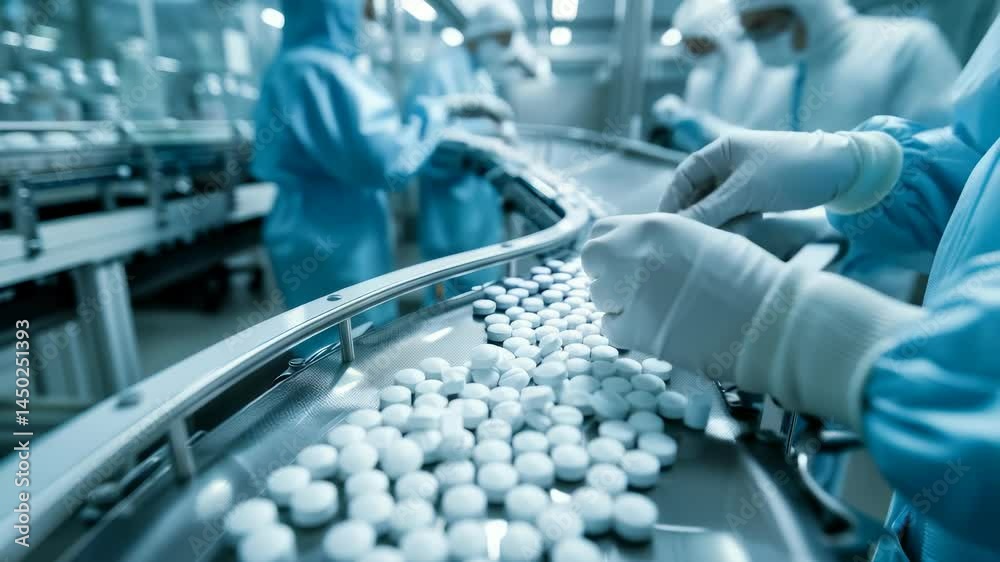 Poster workers in clean suits are handling pills on a conveyor belt in a pharmaceutical manufacturing facil