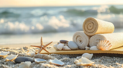 Wellness-inspired beach setting with yoga mat, massage bags, essential oils, and meditation stones. Soft waves, seashells, and calming ambiance. Concept of summer relaxation and well-being.