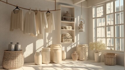 Sunlit Laundry Room Interior Design White Clothes Drying Rustic Decor