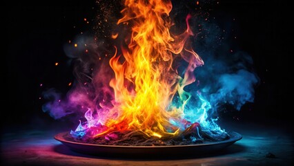 A close-up shot of vibrant colorful smoke bursting from a fire pit or a furnace, with flames and sparks dancing around it on a stark black backdrop, abstract, sparks