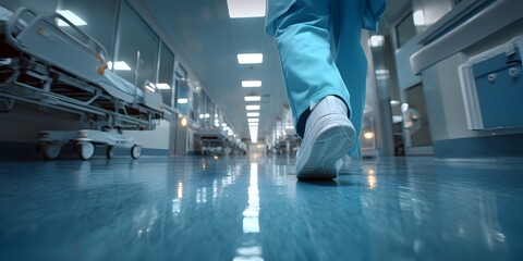 Obraz premium Medical professional in blue scrubs walks down a bright hospital corridor, polished floor reflecting empty beds. Shallow depth blurs the background. 
