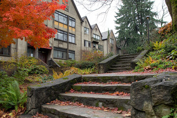 Obraz premium Stone steps lead up to a cozy entrance surrounded by vibrant autumn foliage in a serene residential area