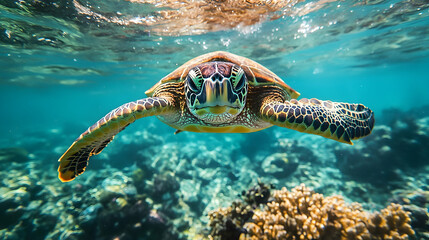 Fototapeta premium Underwater view of a sea turtle amidst coral reefs.