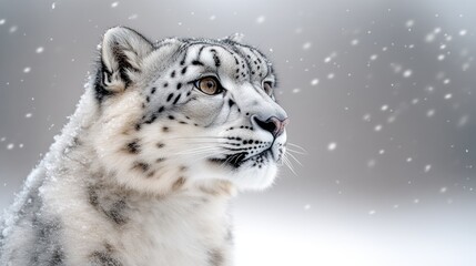 Snow leopard portrait in snow looking right with blurred background in winter.