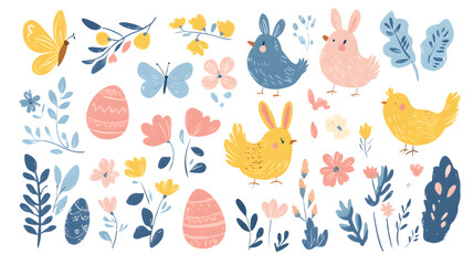 A whimsical and colorful illustration featuring birds, rabbits, butterflies, and Easter eggs, perfect for spring celebrations.
