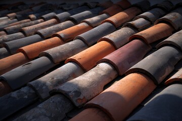 Close-up of weathered red and gray clay roof tiles with subtle shadows.