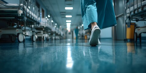 Fototapeta premium Medical professional in blue scrubs walks down a bright hospital corridor, polished floor reflecting empty beds. Shallow depth blurs the background. 