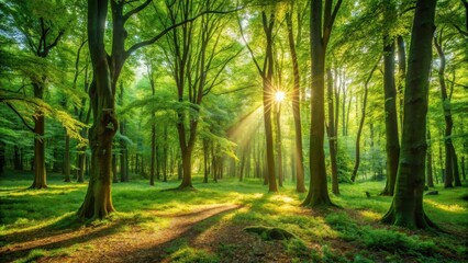 Lush green forest under sun's warm rays filtering through leafy canopy, sunlight casting dappled shadows on forest floor, forest floor, foliage
