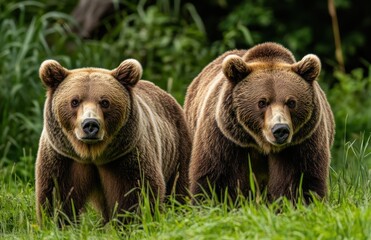 Fototapeta premium Two Brown Bears Standing Side by Side in a Lush Green Environment with Soft Grass and Dense Foliage in Their Natural Habitat