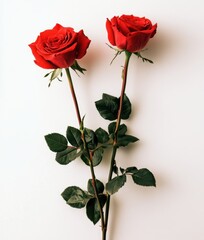 Obraz premium Two Elegant Red Roses with Green Leaves Displayed Against a Simple White Background for Fresh Floral Aesthetic in Various Design Applications