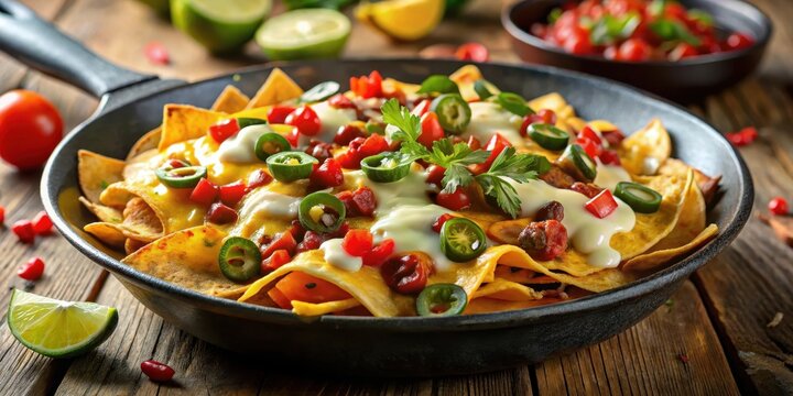 Sizzling nachos in a hot pan, melted cheese and savory toppings, flavorful Tex-Mex delight