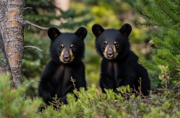 Obraz premium Two Curious Black Bear Cubs Surrounded by Lush Greenery in a Natural Forest Setting