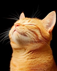 A close-up portrait of a ginger cat with eyes closed, looking up