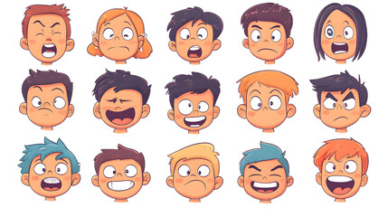 A diverse collection of cartoon faces expressing various emotions, showcasing joy, anger, surprise, and more.