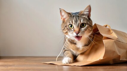 Naklejka premium Feline mischief with torn bag, pet behavior, cat bite shopping bag mouth