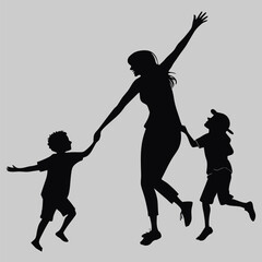 children jumping into mother’s arms silhouette vector design art and illustration
