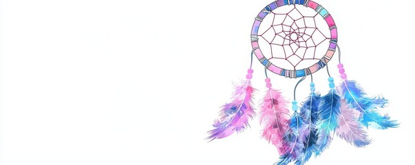 Obraz premium A colorful dreamcatcher with vibrant feathers hangs on a white background, symbolizing protection and positive dreams.