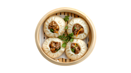 Delicious Steamed Bao Buns with Meat Filling in Bamboo Steamer