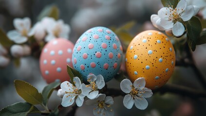 Fototapeta premium Three easter eggs with polka dots among white blossoms on a branch.