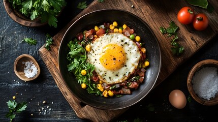 Overhead view of a fried egg on a bed of vegetables in a bowl on a wooden surface with tomatoes