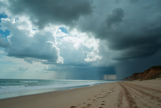 Storm clouds rolling in over a vast, empty beach, adding drama and texture.