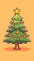 A stylized Christmas tree adorned with gold star and ornaments, set against a warm orange background