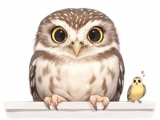 Naklejka premium Adorable owl perched with big eyes and little one. Hearts above little friend