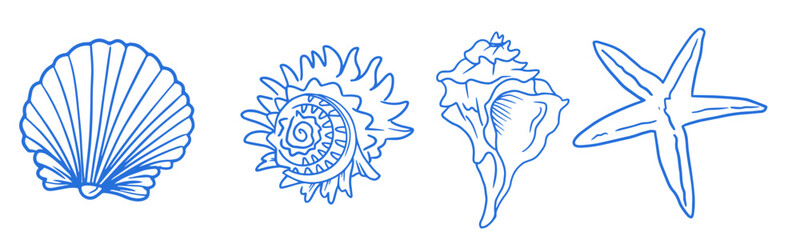 Summer Italy. Amalfi or Sicily sea food vector illustrations. featuring seashell, starfish, ocean, marine life, sea, coastal, beach, summer, holiday, vacation, outline, line art, vector illustration.