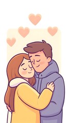 Obraz premium A tender embrace of a couple, eyes closed, surrounded by hearts, suggesting love and affection
